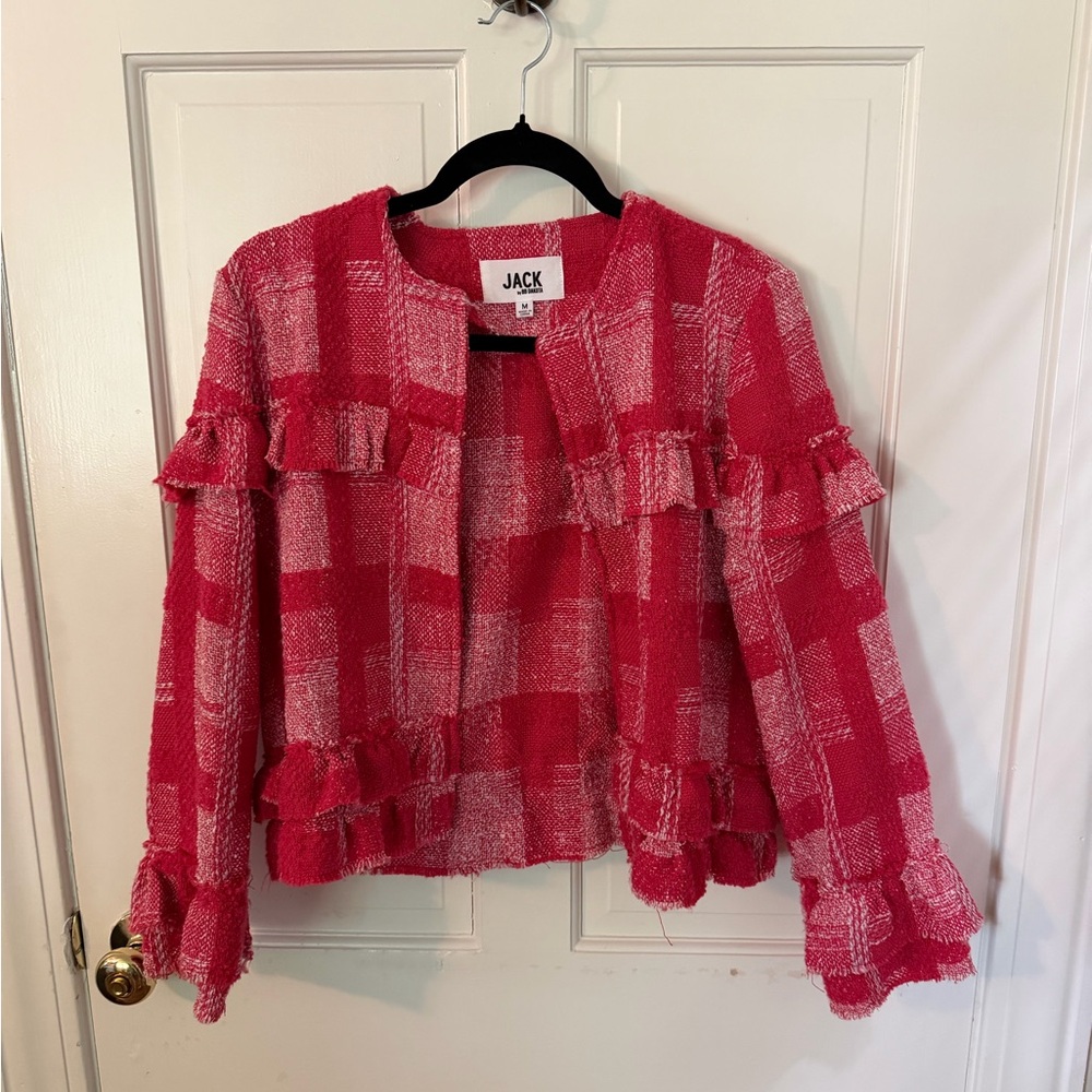 BB Dakota Pink Tweed Plaid Jacket with Ruffle Trim